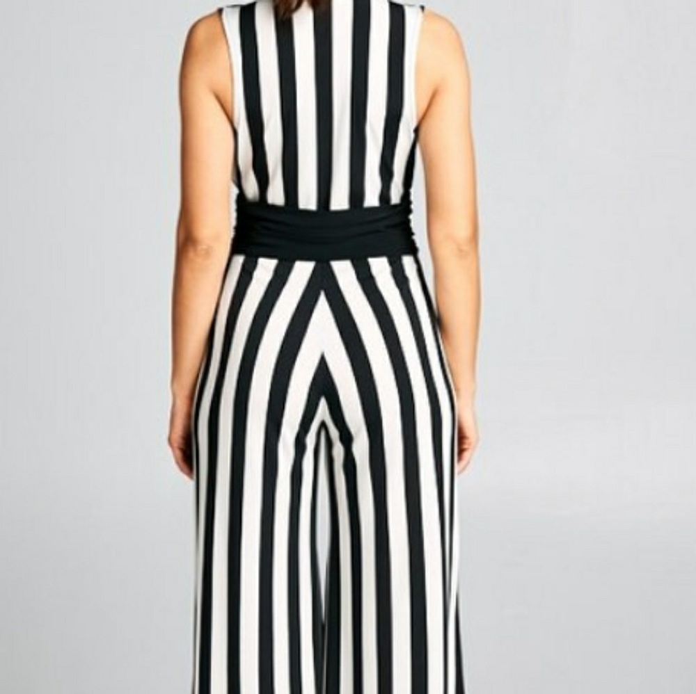 "Rena" Women's Black & White Stripe Jumpsuit - Picture 2 of 3